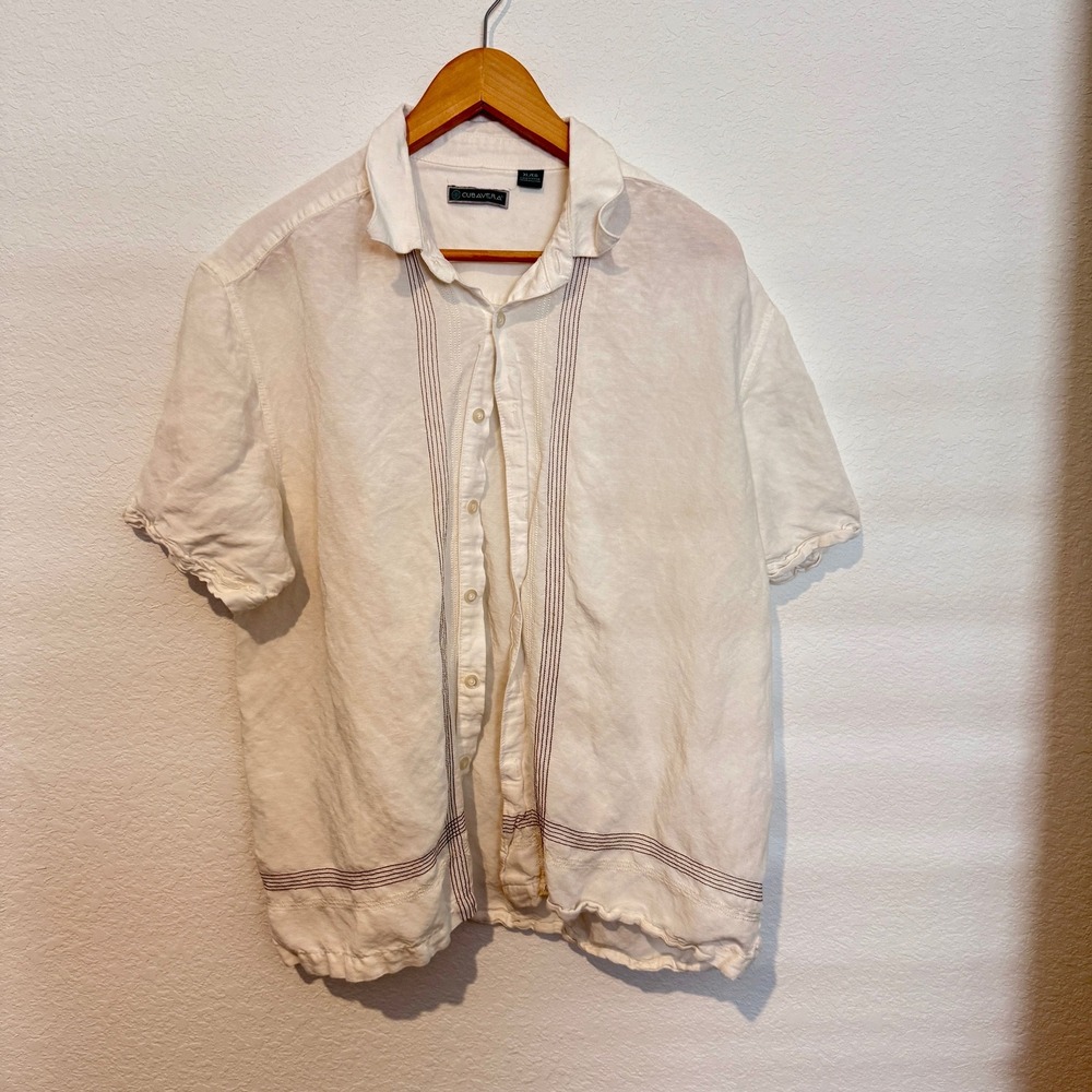 Cubavera Linen Shirt Mens XL White Short Sleeve Guayabera Pleat Embroidered